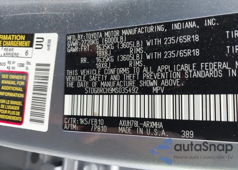 2021 Toyota Highlander Hybrid Xle z USA, uszkodzony, nr VIN 5TDGBRCH9MS035492